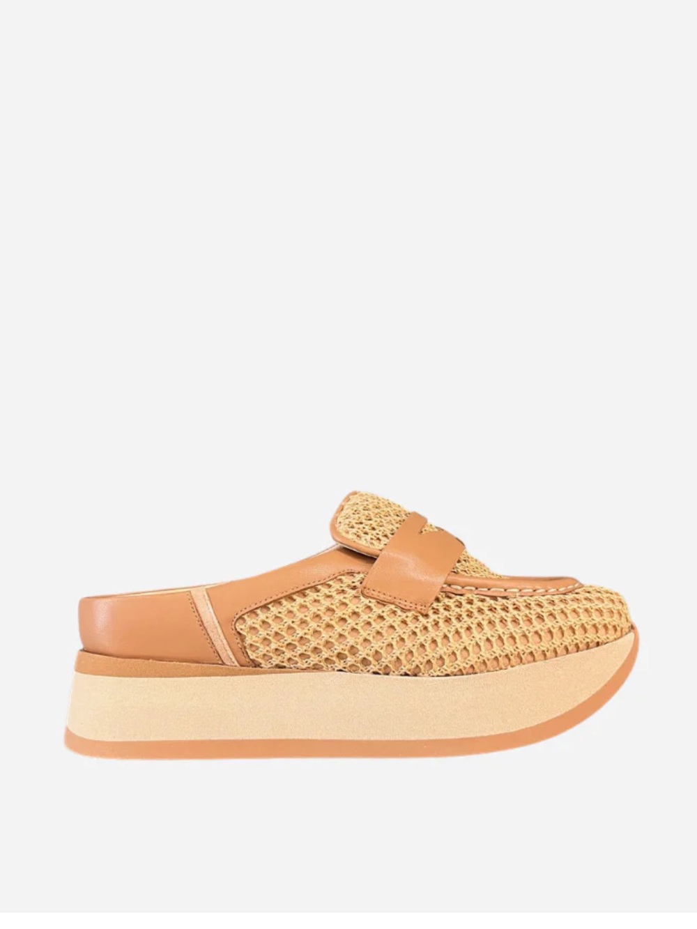 Softwaves Cameron Mule Sneaker in Noisette Tan Leather and Woven detail